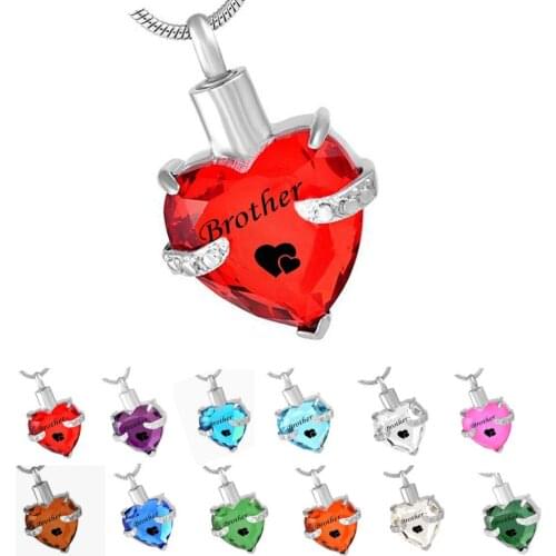 Brother Crystal Heart Memorial Jewelry Stainless Steel Cremation Urn Pendant Necklace