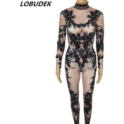 3D Black Printing Sequin Stretch Jumpsuit Long Sleeve Leotard Tights Nightclub Bar Women Pole Dance Team Costume Sexy Stage Wear