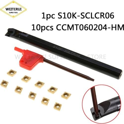 1pc S10K-SCLCR06 Boring Bar Tool Holder + 10pcs CCMT060204-HM Carbide Inserts + Wrench For Lathe Turning Tool