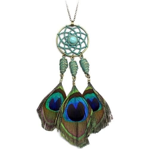 Long Sweater Chain Dreamcatcher Hollow Peacock Feathers Creative Necklace Generous Fashion Woman Pendant Choker Necklace