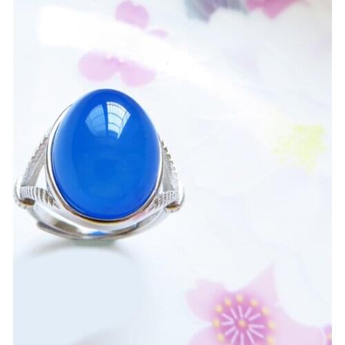 Large grain chalcedony emerald blue agate crystal gemstone ring sterling silver personality open index ring female model cr2740