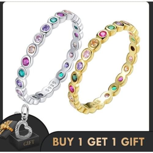 BISAER Simple Open Ring 925 Sterling Silver Lucky Finger Rings Colorful CZ for Women Fine Silver 925 Jewelry Gift ECR714