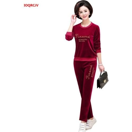 5XL Spring Autumn Middle-aged Women Gold Velvet Suit Big Size Loose O Neck Tops+Pants embroidery Sportswear Suit 2 Piece Set 852