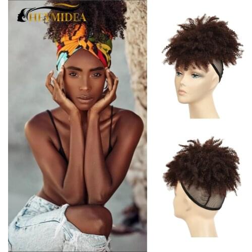 8Inch Kinky Curly Synthetic Hair Updo Chignon With Bangs Brown Hair Bun Drawstring Ponytail Afro High Temperature Fibre HeyMidea