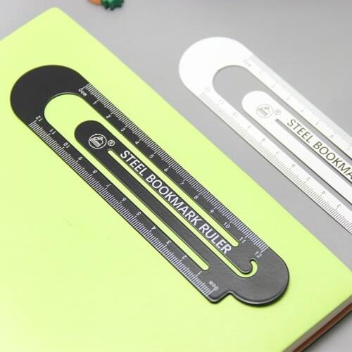 12cm White Black Color Steel Bookmark Ruler, Pocket Sized Protractor Straight Ruler Metal Clip School Student Supplies A6593