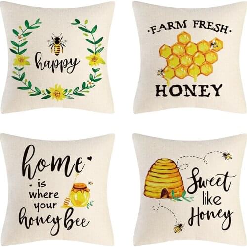 Spring Bee Festival Linen Pillowcase Bee Day Farmhouse Home Decor Square Pillow Sofa Cushion Cover Dropshipping Wholesale