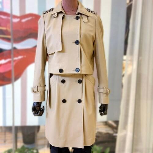 Maylofuer Genuine Leather Jacket Long Ladies Windbreaker 100% Natural Sheepskin Coat with Belt Double-breasted Two piece suit