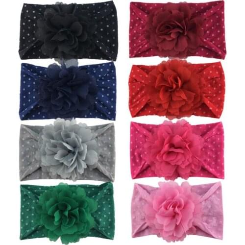 36pcs/lot Wholesale Solid Color Chiffon Flower Wide Polka Dot Nylon Headband School Girls Hair Accessies