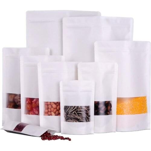 50pcs white kraft paper bags stand up zip lock ccandy tea dried fruit gift packaging Moisture-proof open window pouch