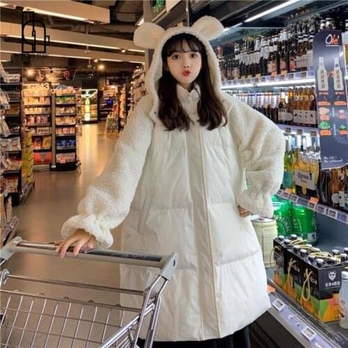 Luck A Women Kawaii Patchwork Parkas Hooded Lambswool Preppy Style Warm Gentle Trendy Thick Warm White Coats Cute Outerwears