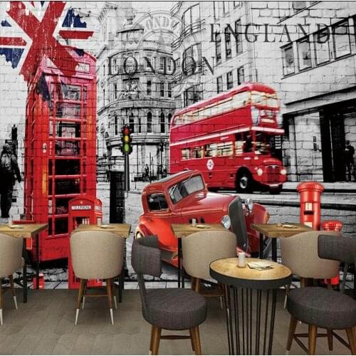 Drop Shipping Custom Wallpaper Nostalgic Retro British Bus Red Phone Booth Background Wall Mural Living Room Corridor Wallpaper