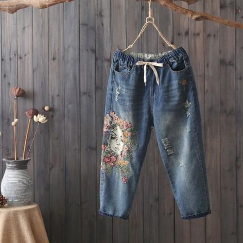 QPFJQD National Wind Vintage Washed Women Jeans Floral Girl Embroidery Sen Female Casual Harem Denim Pants Elastic Waist Lace Up