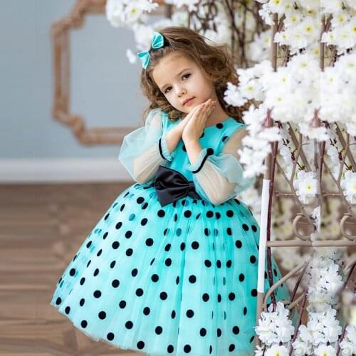Girls Christmas Dress Birthday Party Dresses Bow-Knot Mesh Dots Fall Sleeve Clothing For Children 4-10 Yrs Kids Casual Wear 2021