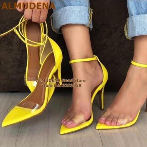 ALMUDENA Yellow Nuede Matte Leather Strap Sandals Stiletto Heels Pointed Toe PVC Pumps Transparent Buckle Strap Banquet Shoes
