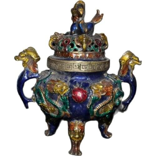 China old Beijing old goods Old Flower color lion panlong three-legged incense burner