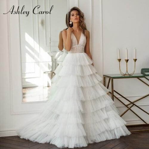 Ashley Carol A-Line Wedding Dress 2021 Ruffles Tulle Lace V-neck Sleeveless Backless Beach Boho Bride Dresses Vestido De Noiva