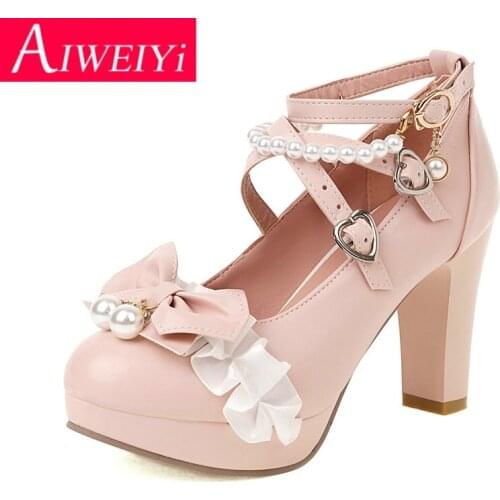 High Heels Lolita Shoes Woman Black White Pink Round toe Block High Heels Cosplay Pumps Shoes Cross Strap Party Pumps