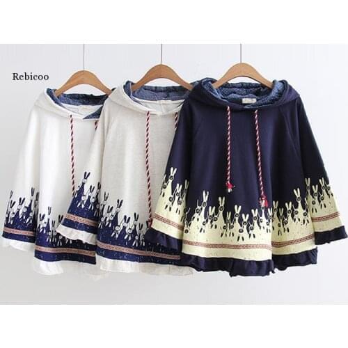Outerwear Women Autumn Rabbit Print Ear Stereo Hoodies Coat Cotton Pullover Poncho Jacket Cloak Hooded Coat