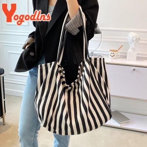 Yogodlns Large Capacity Canvas Bag for Women Fashion Striped Shoulder Bag 2021 New Top-handle Bag Travel Bag Shopping Tote Bolsa