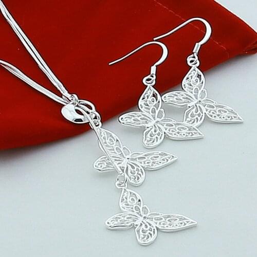 Wholesale Jewelry Sets Silver Color Two Butterfly Animal Necklace Earrings Sets High Quality Trendy Jewelry Gift