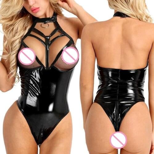 Vogue Bodysuit Women Patent Leather Porno Sexy Lingerie Plus Size Jumpsuit One-Piece Zipper Open Crotch Underwear Erotica Hollow