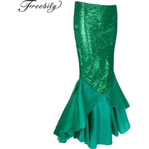 Womens Ladies Halloween Costume Sexy Cosplay Shiny Mermaid Tail Maxi Long Skirts Elastic Waistband Party Photography Costume