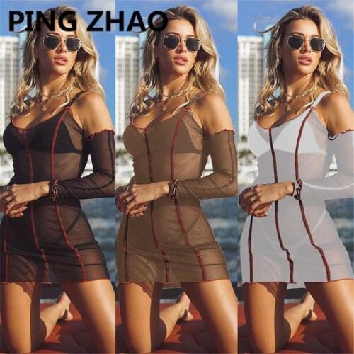 PING ZHAO Women Set Mesh See-through Full Sleeve Strap Mini Dress Solid Bra and Paties Three Piece Set Sexy Swimsuit Summer Out