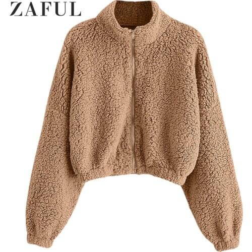 ZAFUL Women Teddy Coat Drop Shoulder Zip Up Jackets Warm Soft Zipper Fur Jacket Female Plush Overcoat Outwear 2020 Autumn Winter