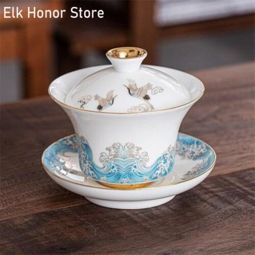120ml White Nephire Porcelain Gaiawan Crane Wave Plated Tea Bowl Household Gaiwan Teacup Kung Fu Puer Tea Tea Set Tea Ceremony
