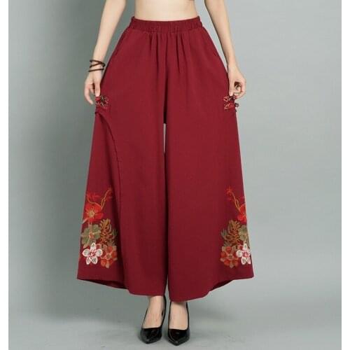 Chinese Style Floral Embroidered Long Pants Cotton Linen Folk-Custom Mid-Aged Old Women Wide-Leg Pants Skirt Trousers 30810