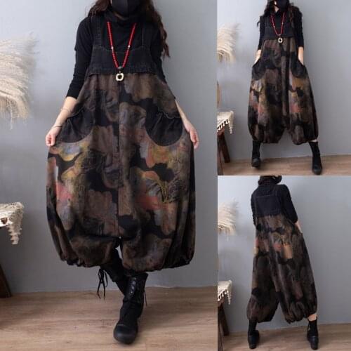 Oversized Drop Crotch jean Jumpsuits Autumn Big Size Baggy Printed Wide Leg Overalls Trousers Boyfriend Cargo Denim Cross-pants