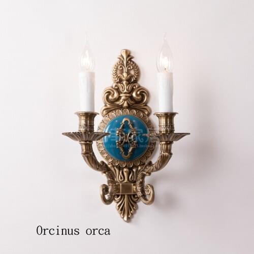 European retro all copper wall lamp blue luxury high end living room decorative wall lamp bedroom soft bedside wall lamp