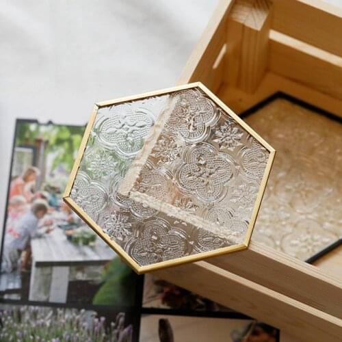 European Ins Retro Window Grille Glass Coaster Gold Copper Embossed Pattern Hexagonal Glass Coaster Dining Insulation Pad