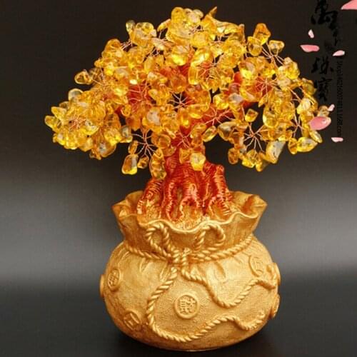 Feng Shui Money Wealth Tree Yellow Citrine Amethyst Crystal Lucky Tree Decor