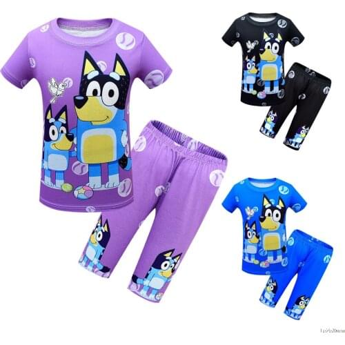 Boys Girls Bluey Clothes T-Shirt+Shorts 100% Cotton New Toddler Boys Children Summer Boys Clothes Cartoon Kid Boy Casual Set