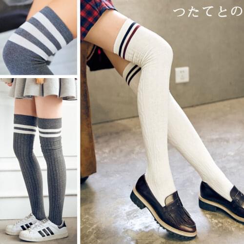 Cotton over knee socks South Korean students college school long tube thick thigh high stockings silk striped stockings female