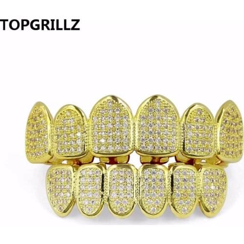 TOPGRILLZ Teeth Grillz Gold Color Plated High Quality Micro Pave CZ Stone Top & Bottom GRILLZ Mouth Hip Hop Teeth Grills Set