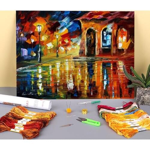 Oil Painting Style Old House Printed Water-Soluble Canvas 11CT Cross-Stitch Embroidery Kit DMC Threads Knitting Jewelry