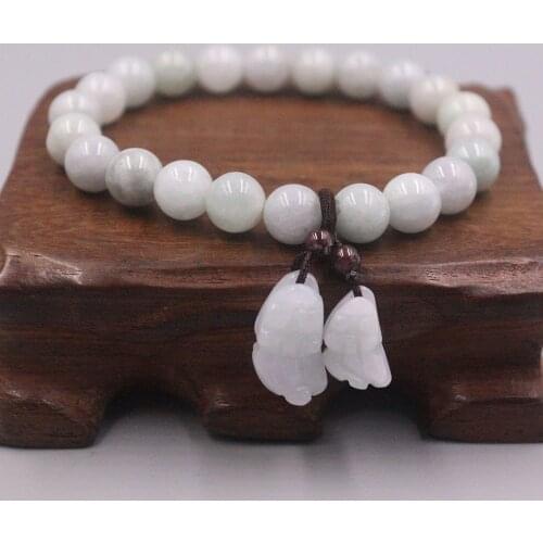Grade A Jade / Jadeite Bracelet 8mmW Round Beads with Two Pixiu Charm Link Bracelet Best Gift