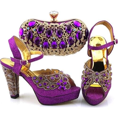 Fashion Shoes And Bags African Ladies Shoes And bag Shiny Artificial rhinestone Shoes Matching bag Set