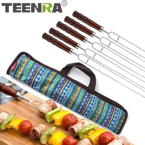 TEENRA 5Pcs BBQ Stainless Steel BBQ Skewer Flat Barbecue Fork Wooden handle Skewaer Outdoor Camping Travel Sets