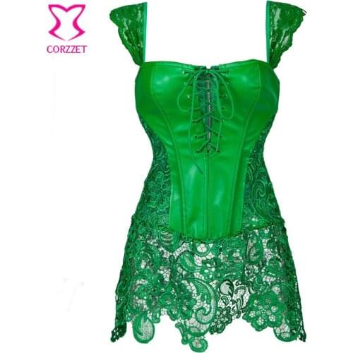Punk Gothic Clothing Green Floral Lace&Leather Corset Plus Size Corsets and Bustiers Steampunk Korsett For Women Sexy Lingerie