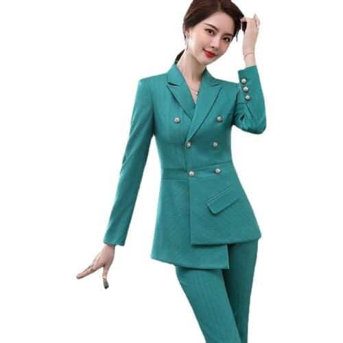 Autumn and Winter Womens Professional Suits 2021 Striped Double-breasted Ladies Jacket Temperament High Waist Trousers Overalls