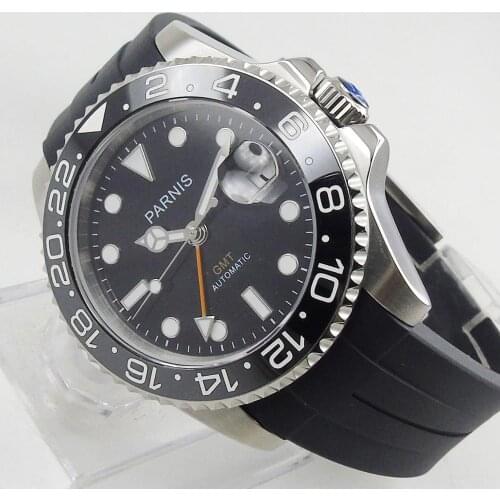 PARNIS 40mm Polished Case Automatic Mens Watch Rubber Strap GMT Model Sapphire Glass