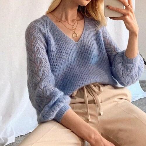 Powder Blue Knitted Jumper Women Autumn Winter Long Sleeve V neck Office Lady Casual Sweater Elegant Chic Pullover Pull 2020