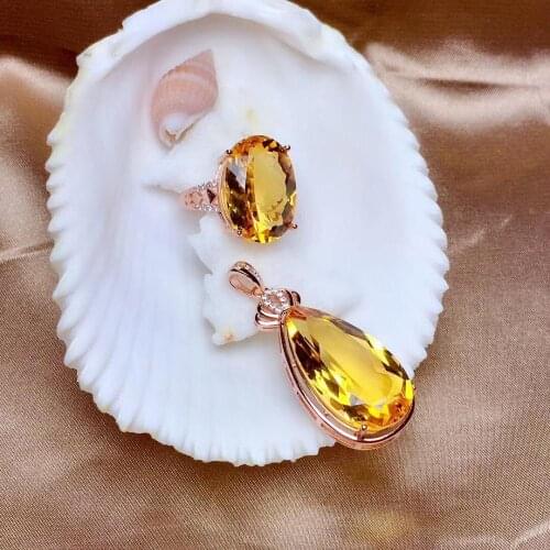 Real and Natural Citrine Jewelry set Natural And Real Citrine Set 925 sterling silver Fine jewelry 1pc ring,1pc Pendant