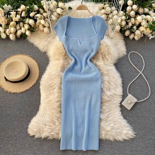 Sexy Bodycon Dress for Woman Fashion Short Sleeve V Neck Knitted Short Dresses Ladies Vintage Prarty Robe Vestidos Mujer
