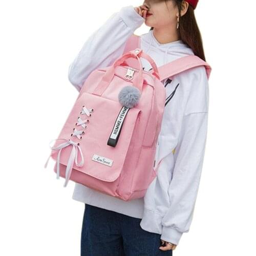 School Backpacks Cute Elementary College Bookbags Lady Travel Backpack with Fashion Pompom for Women Girls