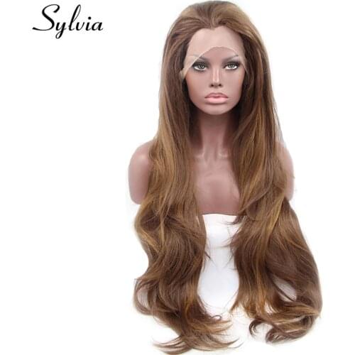 Sylvia Mixed Brown Natural Wave Synthetic Lace Front Wigs Natural Brown Highlight Heat Resistant Fiber Hair for Woman