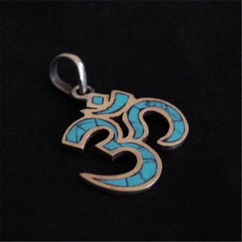 TBP093 Tibetan Amulet Pendants OM for Man Copper Inlay Simulated Turquoises Pendant